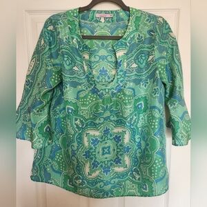 Silk Green and blue tunic blouse. Bell Sleeves. Calypso Christiane Celle Size M